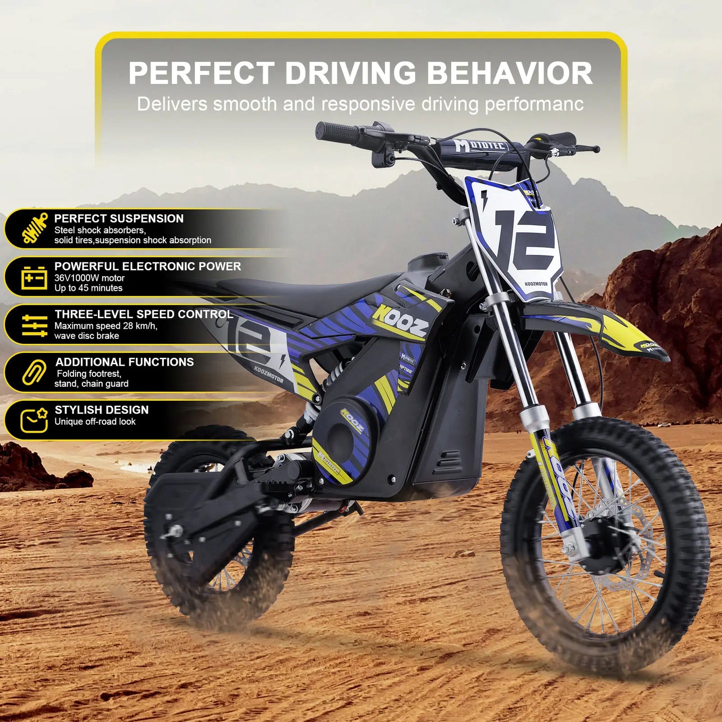 MotoTec 36v 1000w Electric Dirt Bike Blue | High-Performance Off-Road Bike