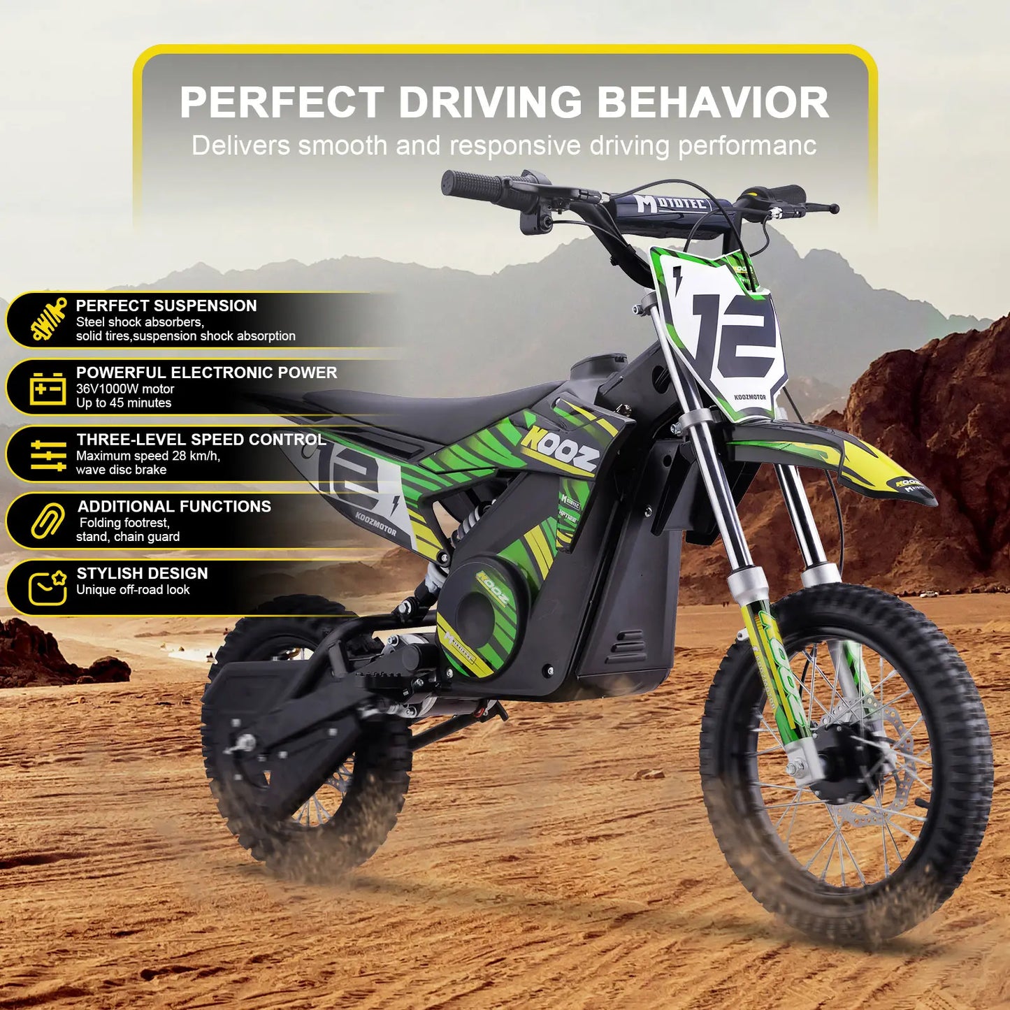 MotoTec 36v 1000w Electric Dirt Bike Green | Powerful Off-Road Bike