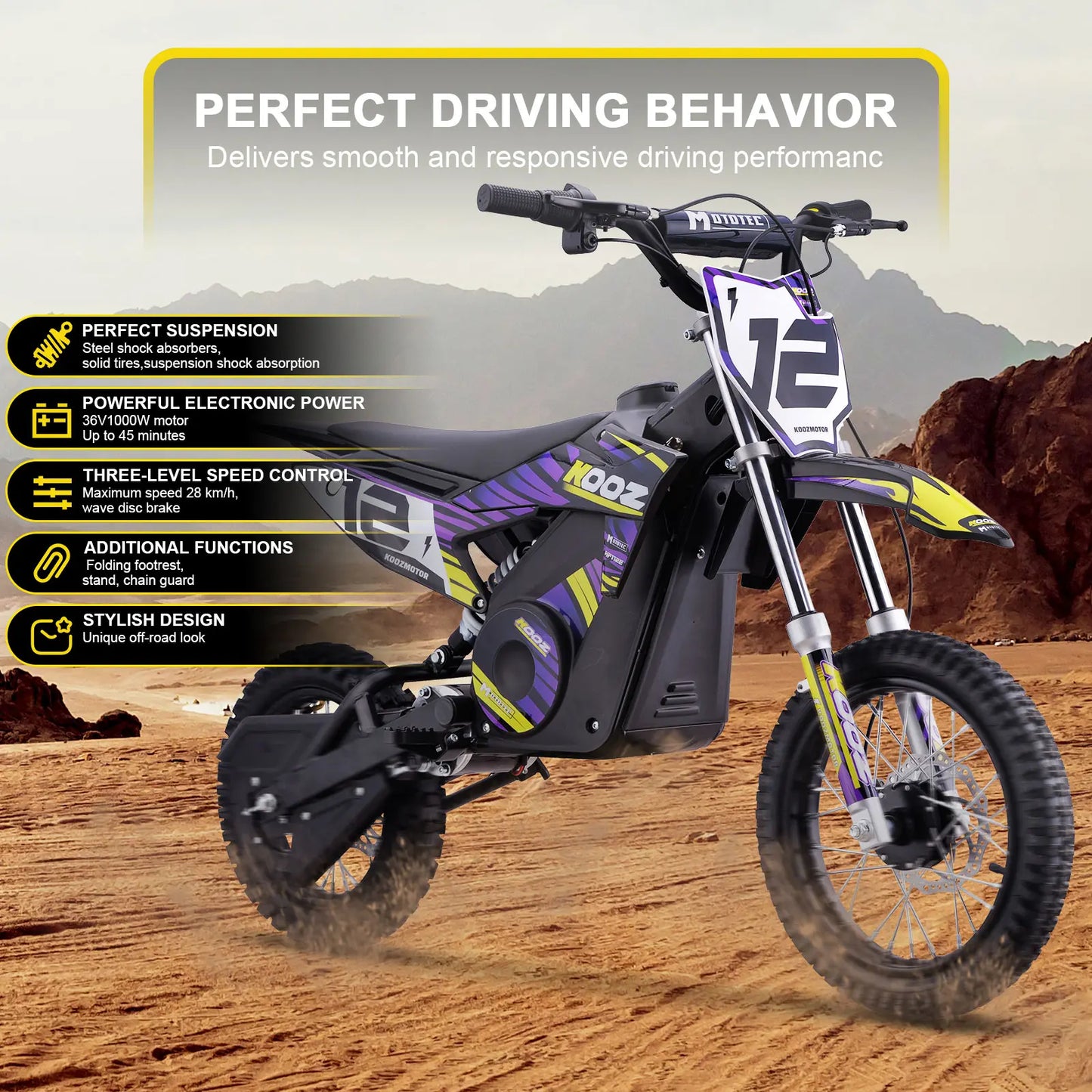 MotoTec 36v 1000w Electric Dirt Bike Purple | Powerful Off-Road Bike