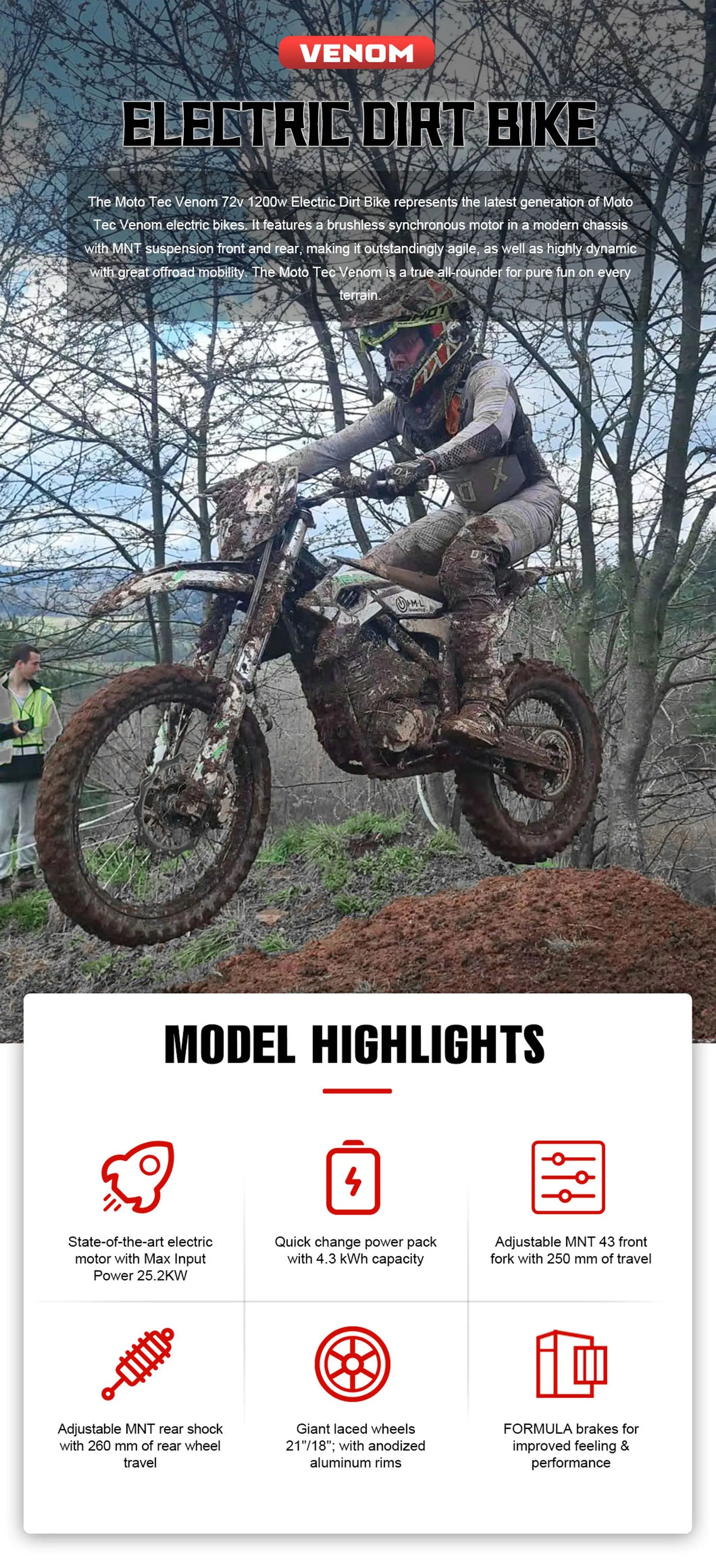 MotoTec Venom 72v 12000w Electric Dirt Bike White | Powerful Off-Road Powerhouse