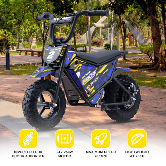 MotoTec 24V 250W Electric Mini Bike - Blue | Kids Ride-On Dirt Bike