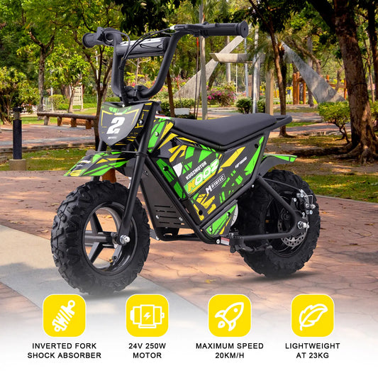 MotoTec 24V 250W Electric Mini Bike - Green | Kids Ride-On Dirt Bike
