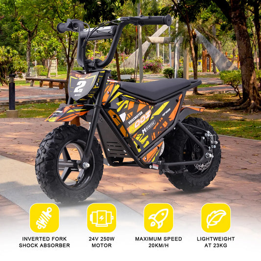 MotoTec 24V 250W Electric Mini Bike - Orange | Kids Ride-On Dirt Bike
