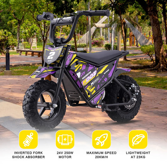 MotoTec 24V 250W Electric Mini Bike - Purple | Kids Ride-On Dirt Bike