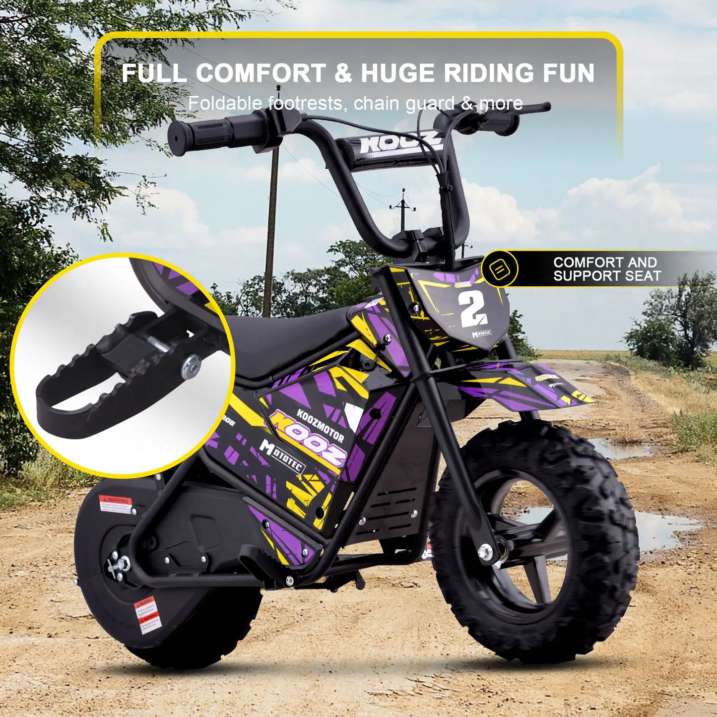 MotoTec 24V 250W Electric Mini Bike - Purple | Kids Ride-On Dirt Bike