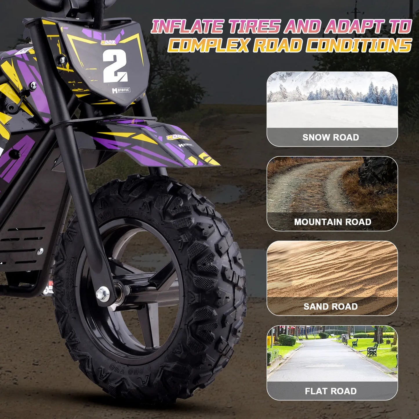MotoTec 24V 250W Electric Mini Bike - Purple | Kids Ride-On Dirt Bike
