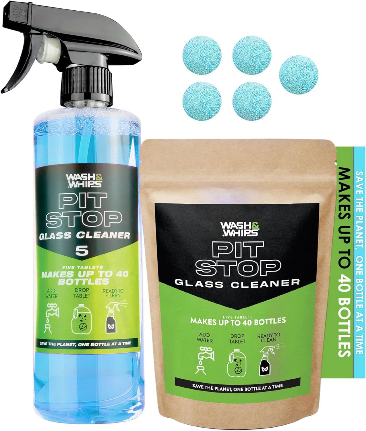 Color - Blue - WASH&WHIPS Pit Stop Glass Cleaner / All Surface Cleaner Refill Tablets (Makes 5 Gallons)