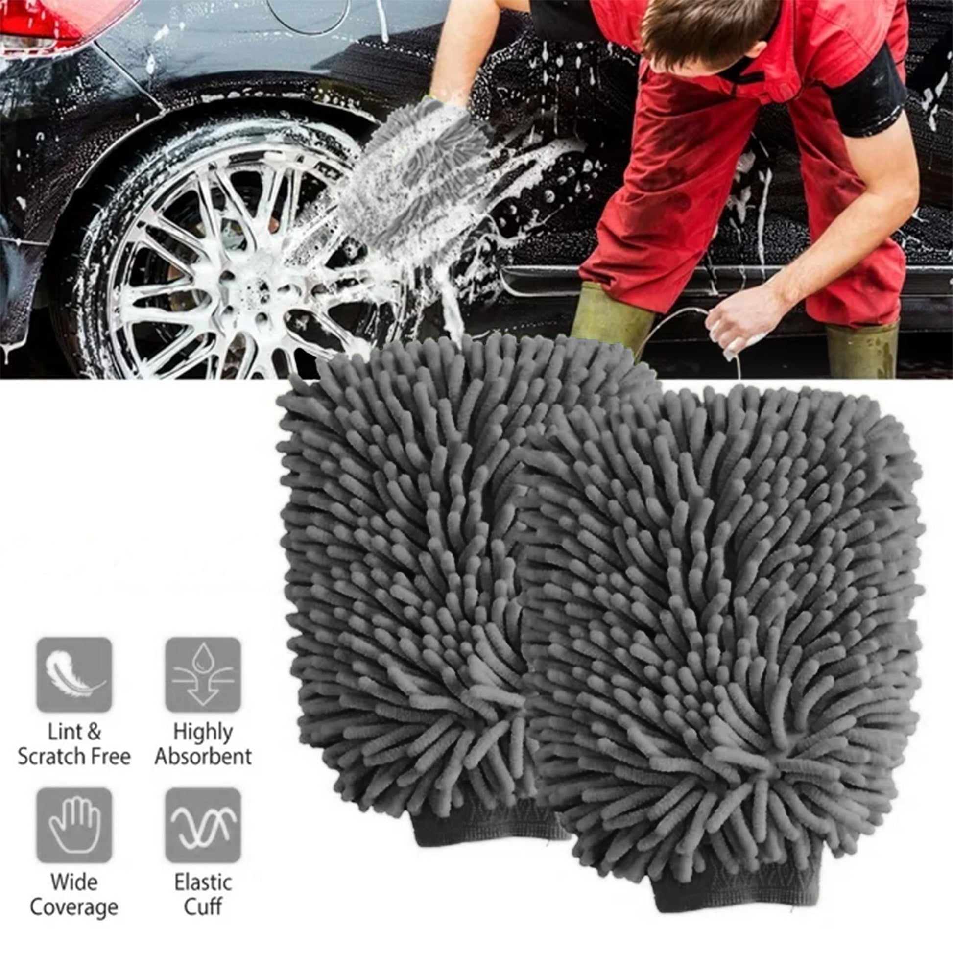 Color - Default - WASH&WHIPS Microfiber Chenille Car Cleaning Mitt - 2pk
