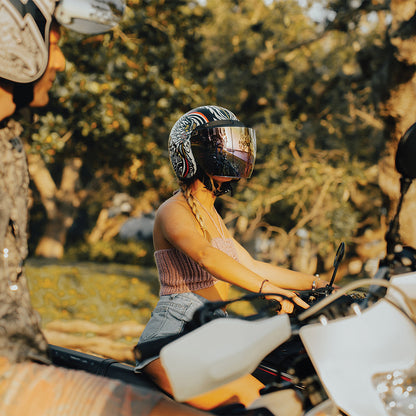 Color - Default - DOT Approved Daytona Cruiser Open Face Motorcycle Helmet - Men, Women & Youth - With Visor & Graphics - W/ Tribal