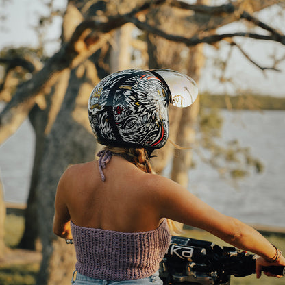 Color - Default - DOT Approved Daytona Cruiser Open Face Motorcycle Helmet - Men, Women & Youth - With Visor & Graphics - W/ Tribal