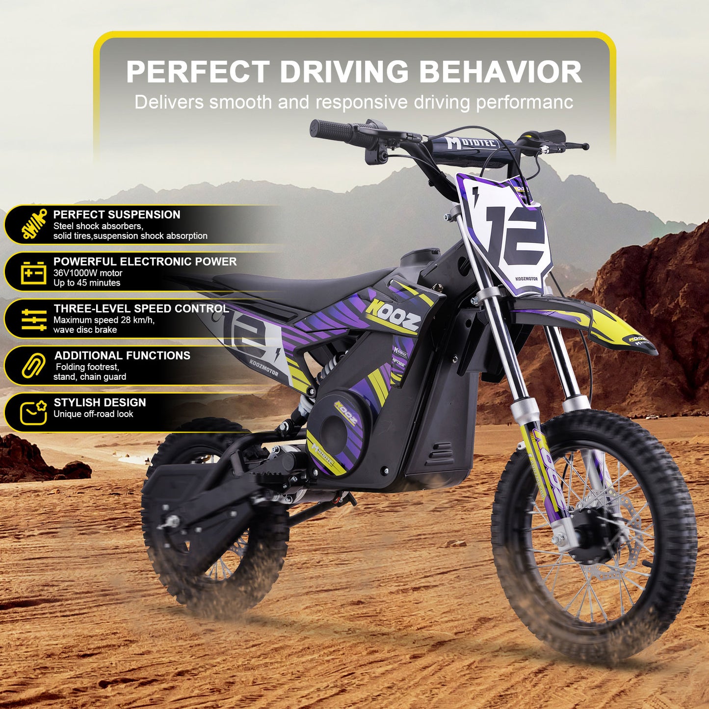 MotoTec 36v 1000w (HP112E) Electric Dirt Bike Purple