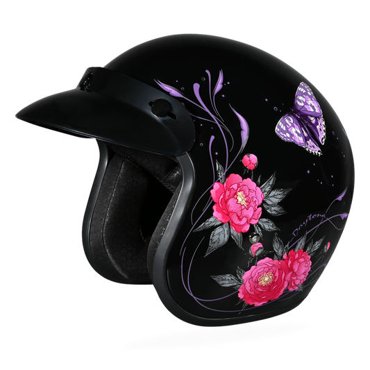 Color - Default - DOT Approved Daytona Cruiser Open Face Motorcycle Helmet - Men, Women & Youth - With Visor & Graphics - W/ Butterfly