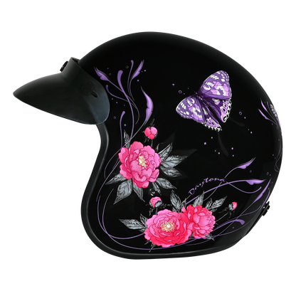 Color - Default - DOT Approved Daytona Cruiser Open Face Motorcycle Helmet - Men, Women & Youth - With Visor & Graphics - W/ Butterfly