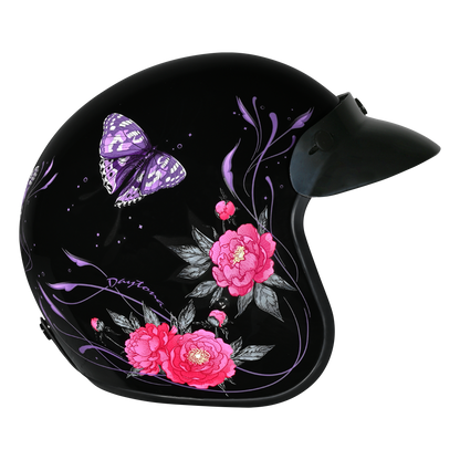 Color - Default - DOT Approved Daytona Cruiser Open Face Motorcycle Helmet - Men, Women & Youth - With Visor & Graphics - W/ Butterfly