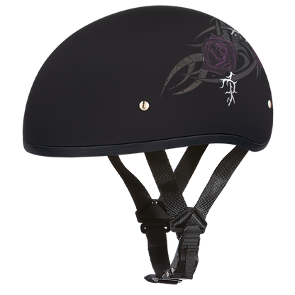 Color - Purple - DOT Approved Daytona Motorcycle Half Face Helmet - Skull Cap Graphics for Men & Women, Scooters, ATVs, UTVs & Choppers - W/ Purple Rose