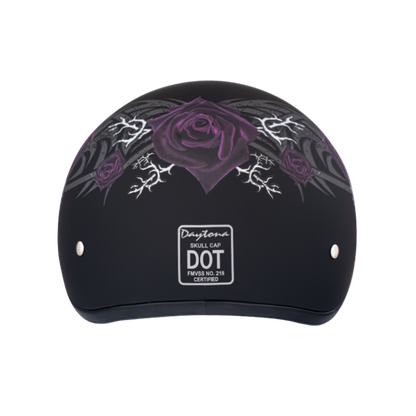 Color - Purple - DOT Approved Daytona Motorcycle Half Face Helmet - Skull Cap Graphics for Men & Women, Scooters, ATVs, UTVs & Choppers - W/ Purple Rose