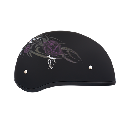 Color - Purple - DOT Approved Daytona Motorcycle Half Face Helmet - Skull Cap Graphics for Men & Women, Scooters, ATVs, UTVs & Choppers - W/ Purple Rose