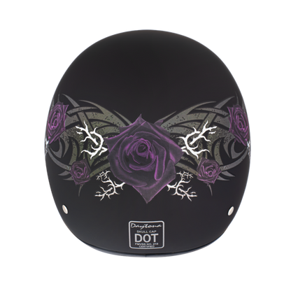 Color - Purple - DOT Approved Daytona Motorcycle Half Face Helmet - Skull Cap Graphics for Men & Women, Scooters, ATVs, UTVs & Choppers - W/ Purple Rose