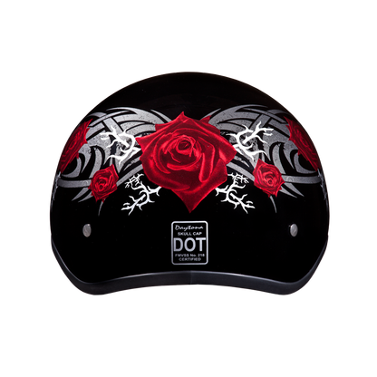 Color - Default - DOT Approved Daytona Motorcycle Half Face Helmet - Skull Cap Graphics for Men & Women, Scooters, ATVs, UTVs & Choppers - W/ Rose
