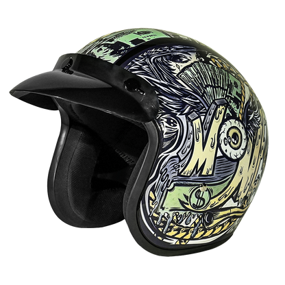 Color - Default - DOT Approved Daytona Cruiser Open Face Motorcycle Helmet - Men, Women & Youth - With Visor & Graphics - W/ Money