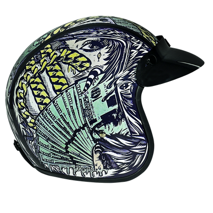 Color - Default - DOT Approved Daytona Cruiser Open Face Motorcycle Helmet - Men, Women & Youth - With Visor & Graphics - W/ Money