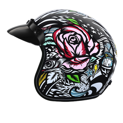Color - Default - DOT Approved Daytona Cruiser Open Face Motorcycle Helmet - Men, Women & Youth - With Visor & Graphics - W/ Tribal