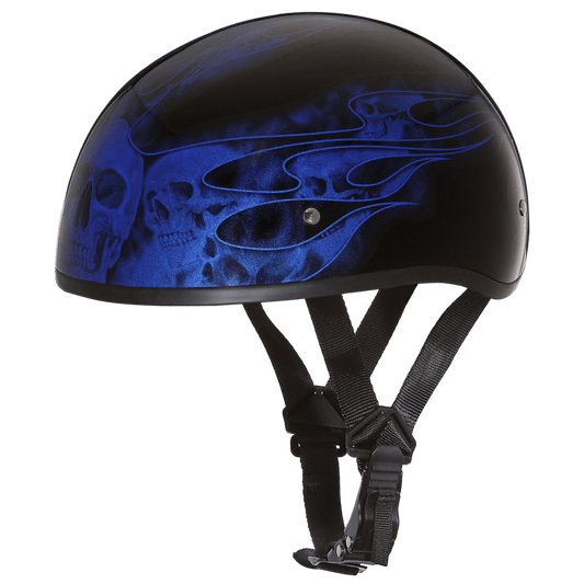 D.O.T. Daytona Skull Cap- W/ Skull Flames Blue - Dirt Moto Bikes