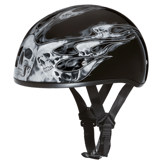 D.O.T. Daytona Skull Cap- W/ Skull Flames Silver - Dirt Moto Bikes