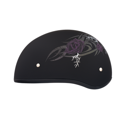 Color - Purple - DOT Approved Daytona Motorcycle Half Face Helmet - Skull Cap Graphics for Men & Women, Scooters, ATVs, UTVs & Choppers - W/ Purple Rose
