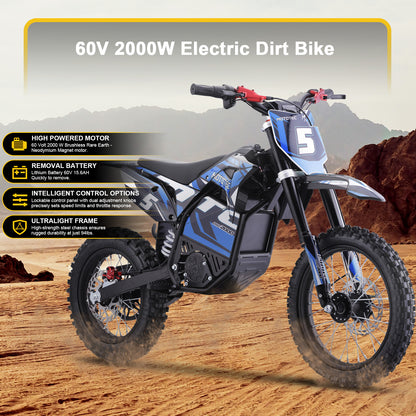 Color - Blue - MotoTec 60V Pro Electric Dirt Bike 2000W Lithium (HP115E) - 40 MPH