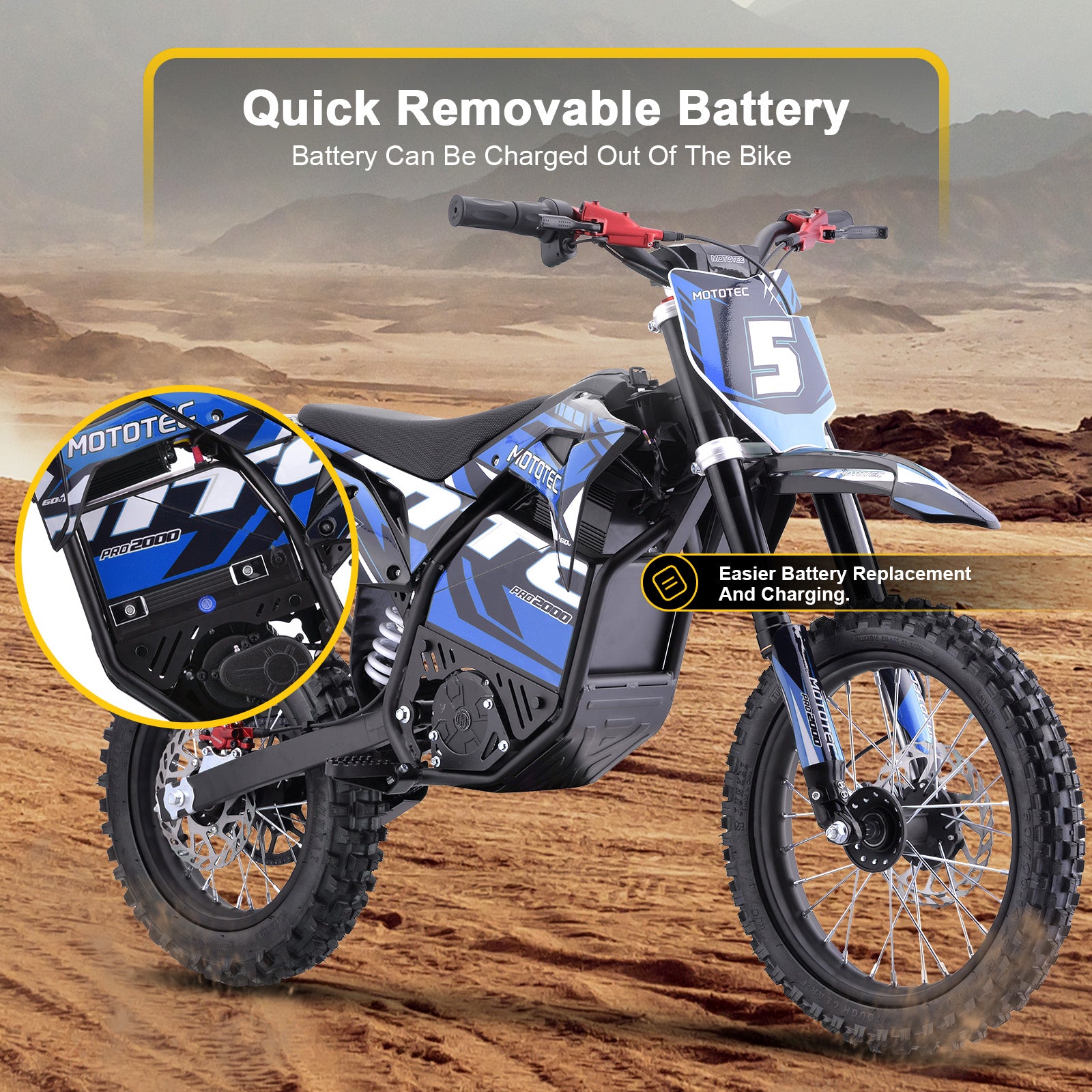 Color - Blue - MotoTec 60V Pro Electric Dirt Bike 2000W Lithium (HP115E) - 40 MPH